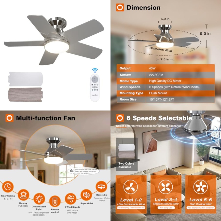 Ceiling Fan Low Profile Flush Mount - 조명이 있는 천장 선풍기, 조명과 리모컨이