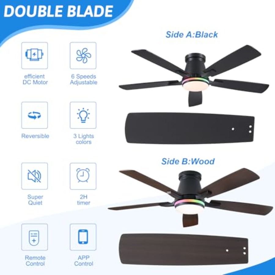 침실 및 파티오 천장 선풍기, 검정색 ABS 및 금속  - Ceiling Fan Low Profile Flush Mount 리뷰 및 가격